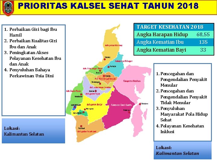 PRIORITAS KALSEL SEHAT TAHUN 2018 1. Perbaikan Gizi bagi Ibu Hamil 2. Perbaikan Kualitas