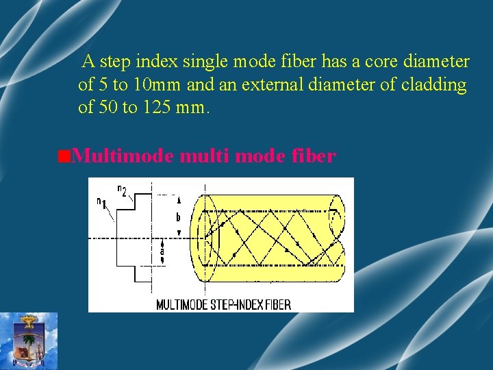 A step index single mode fiber has a core diameter of 5 to 10