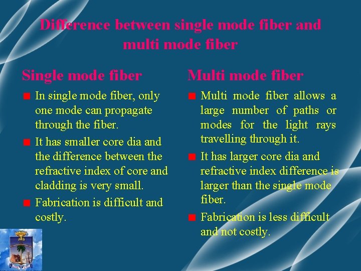 Difference between single mode fiber and multi mode fiber Single mode fiber In single