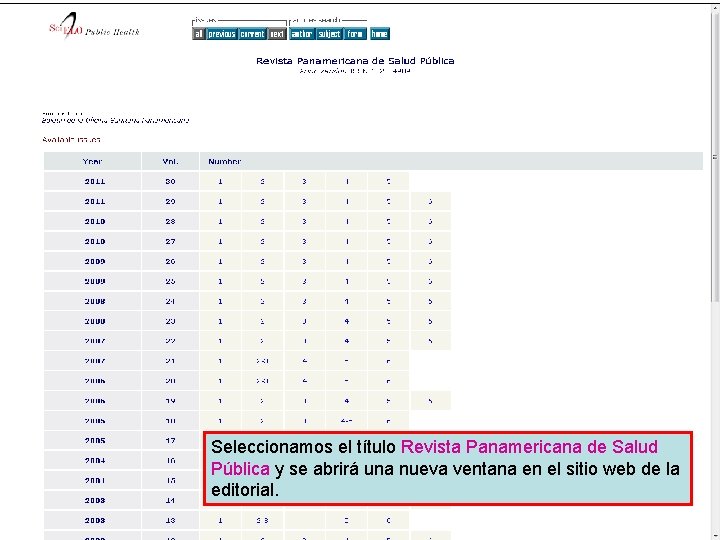 Accessing journals by Language 4 Seleccionamos el título Revista Panamericana de Salud Pública y