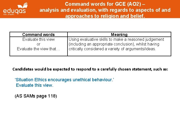 Command words for GCE (AO 2) – analysis and evaluation, with regards to aspects