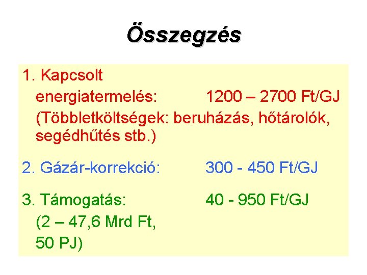 Összegzés 1. Kapcsolt energiatermelés: 1200 – 2700 Ft/GJ (Többletköltségek: beruházás, hőtárolók, segédhűtés stb. )