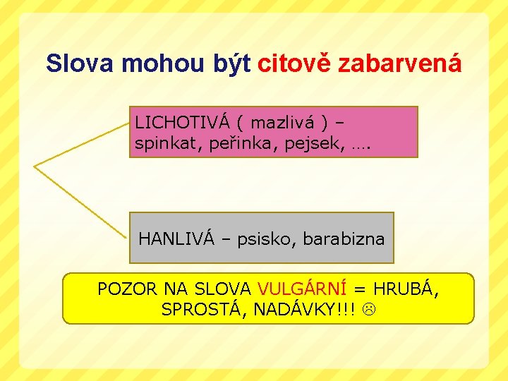 Slova mohou být citově zabarvená LICHOTIVÁ ( mazlivá ) – spinkat, peřinka, pejsek, ….