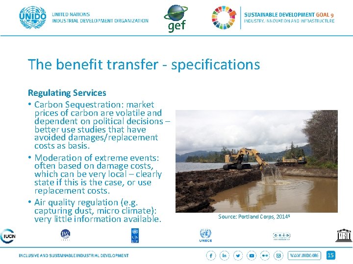 The benefit transfer - specifications Regulating Services • Carbon Sequestration: market prices of carbon