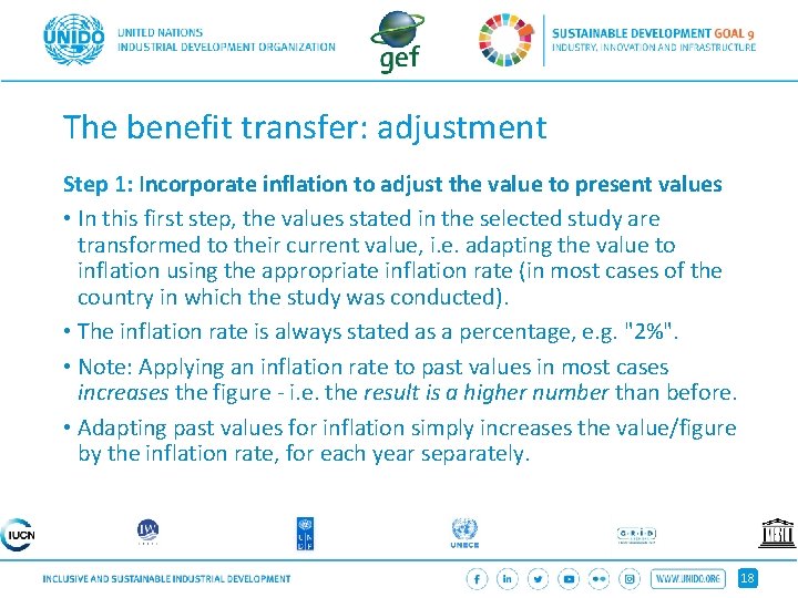 The benefit transfer: adjustment Step 1: Incorporate inflation to adjust the value to present