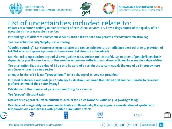 List of uncertainties included relate to: Impacts of a human activity on the provision