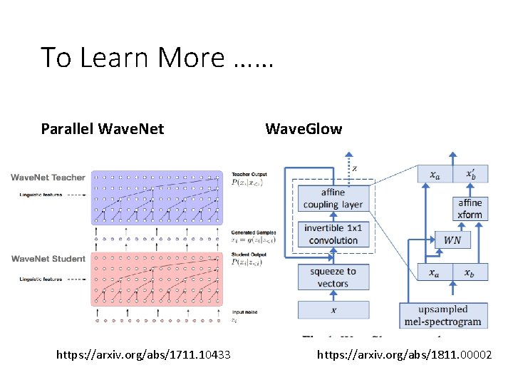 To Learn More …… Parallel Wave. Net https: //arxiv. org/abs/1711. 10433 Wave. Glow https: