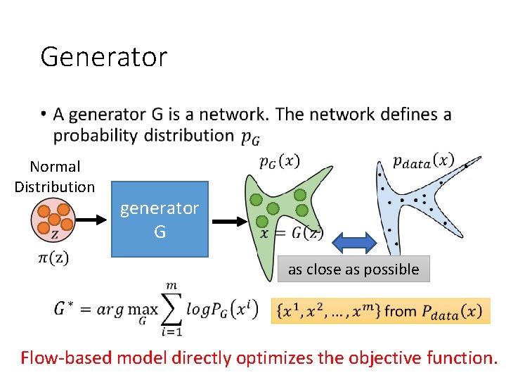 Generator • Normal Distribution generator G as close as possible Flow-based model directly optimizes