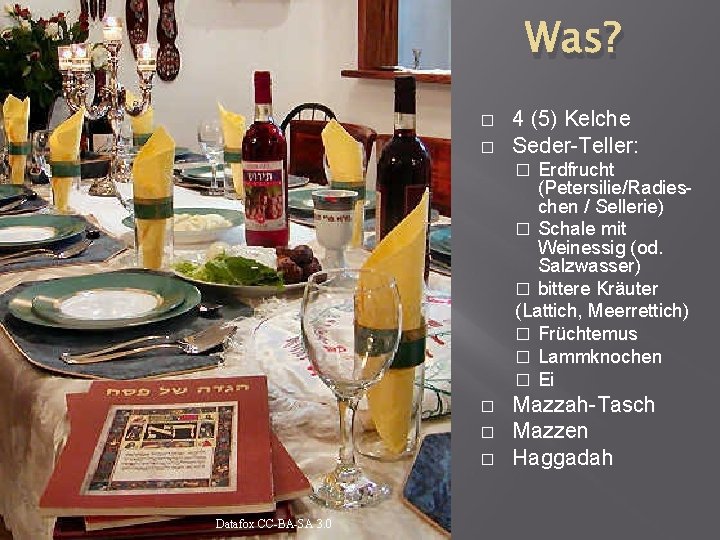 Was? � � 4 (5) Kelche Seder-Teller: Erdfrucht (Petersilie/Radieschen / Sellerie) � Schale mit