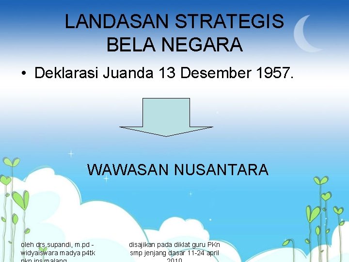 LANDASAN STRATEGIS BELA NEGARA • Deklarasi Juanda 13 Desember 1957. WAWASAN NUSANTARA oleh drs.