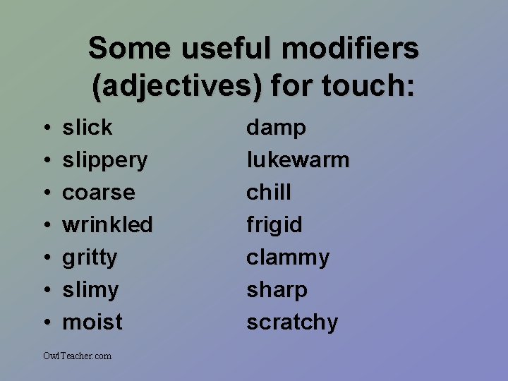Some useful modifiers (adjectives) for touch: • • slick slippery coarse wrinkled gritty slimy