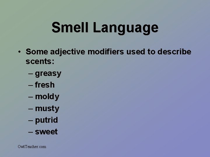 Smell Language • Some adjective modifiers used to describe scents: – greasy – fresh