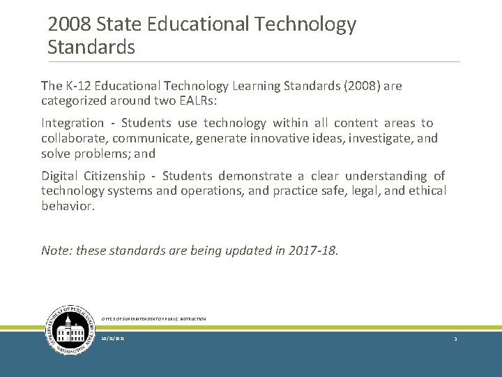 2008 State Educational Technology Standards The K-12 Educational Technology Learning Standards (2008) are categorized