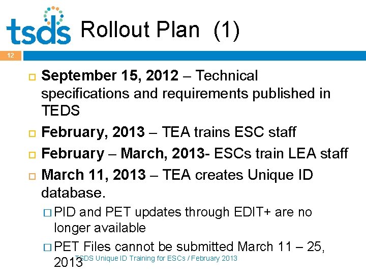 Rollout Plan (1) 12 September 15, 2012 – Technical specifications and requirements published in