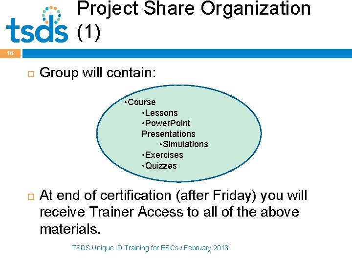 Project Share Organization (1) 16 Group will contain: • Course • Lessons • Power.