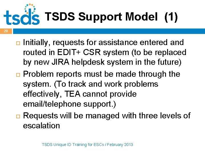 TSDS Support Model (1) 20 Initially, requests for assistance entered and routed in EDIT+