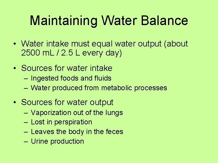 Maintaining Water Balance • Water intake must equal water output (about 2500 m. L