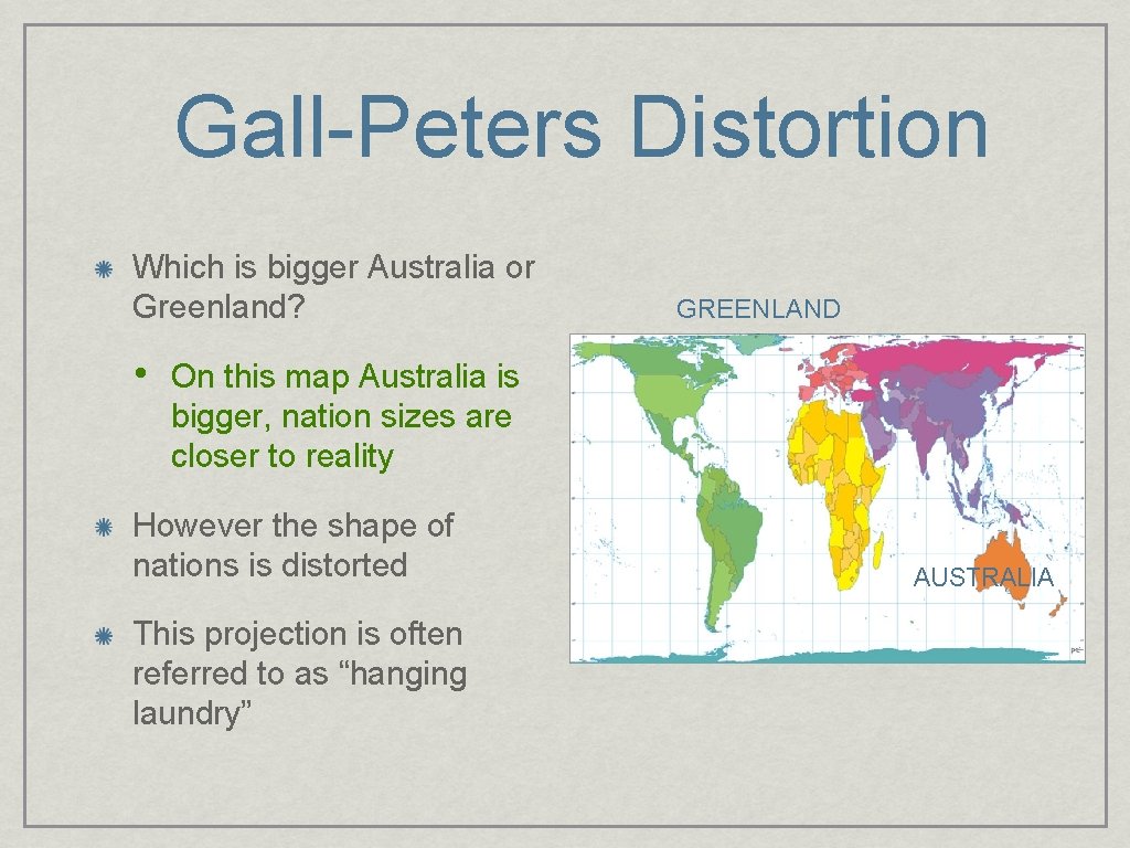 Gall-Peters Distortion Which is bigger Australia or Greenland? • GREENLAND On this map Australia