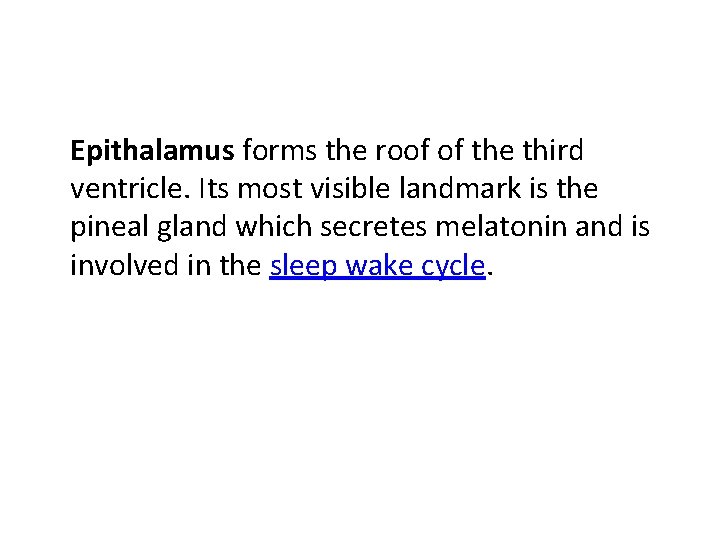 Epithalamus forms the roof of the third ventricle. Its most visible landmark is the