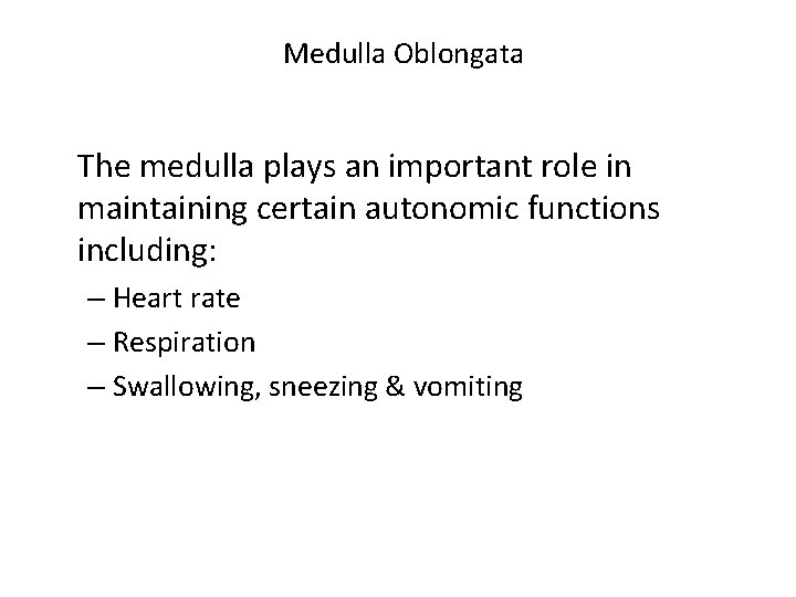 Medulla Oblongata The medulla plays an important role in maintaining certain autonomic functions including: