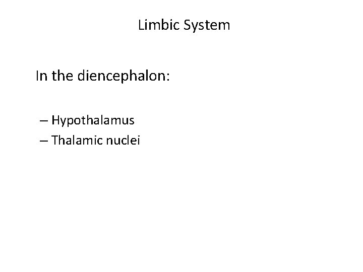 Limbic System In the diencephalon: – Hypothalamus – Thalamic nuclei 