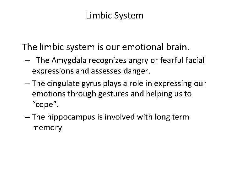 Limbic System The limbic system is our emotional brain. – The Amygdala recognizes angry