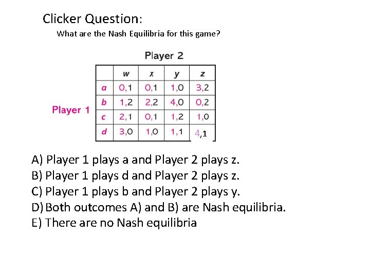 Clicker Question: What are the Nash Equilibria for this game? 4, 1 A) Player