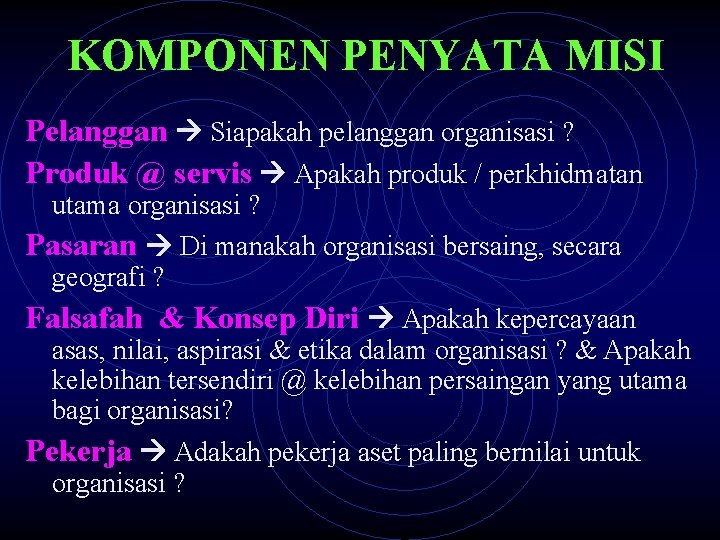 KOMPONEN PENYATA MISI Pelanggan Siapakah pelanggan organisasi ? Produk @ servis Apakah produk /