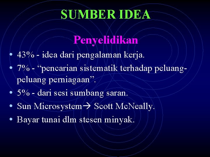 SUMBER IDEA Penyelidikan • 43% - idea dari pengalaman kerja. • 7% - “pencarian