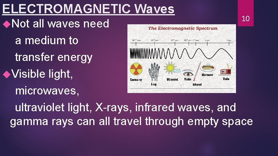 ELECTROMAGNETIC Waves Not 10 all waves need a medium to transfer energy Visible light,