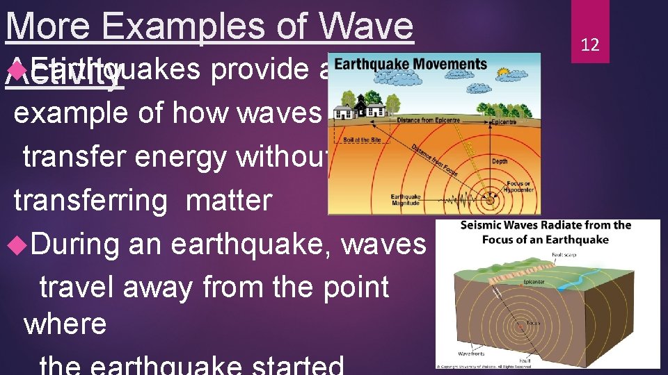 More Examples of Wave Earthquakes provide an Activity example of how waves transfer energy