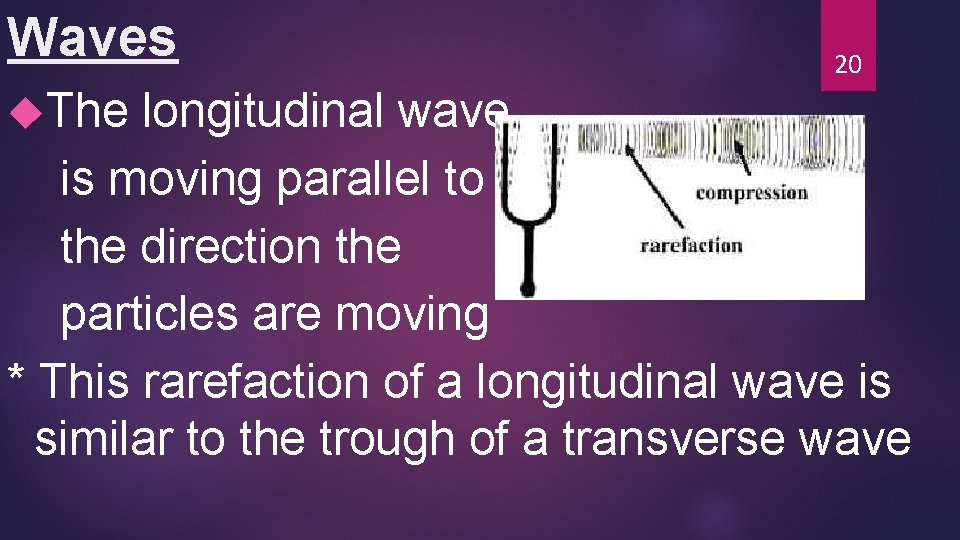 Waves The 20 longitudinal wave is moving parallel to the direction the particles are