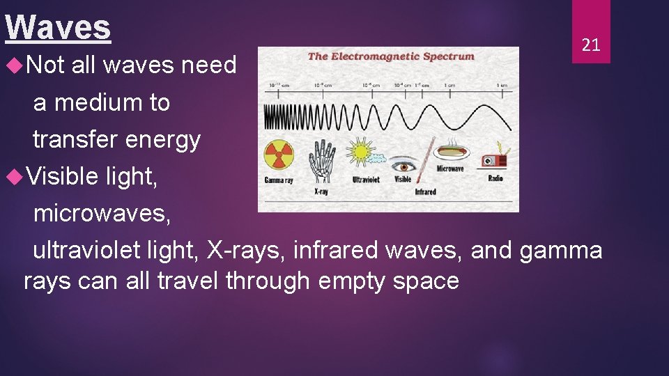 Waves Not 21 all waves need a medium to transfer energy Visible light, microwaves,