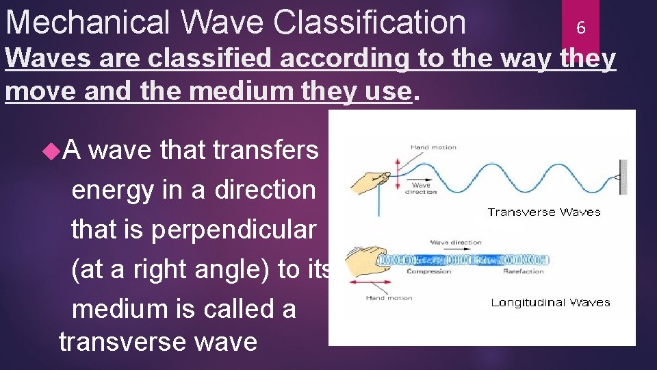 Mechanical Wave Classification 6 Waves are classified according to the way they move and