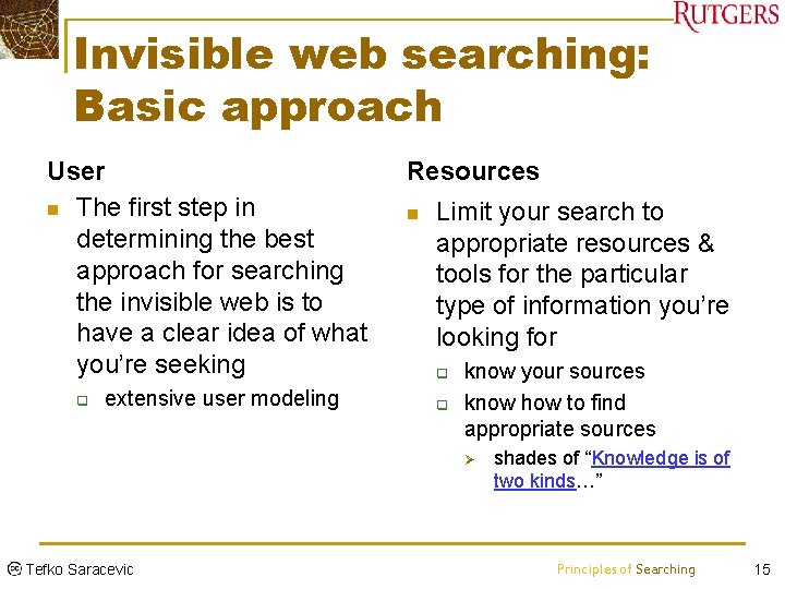 Invisible web searching: Basic approach User n The first step in determining the best
