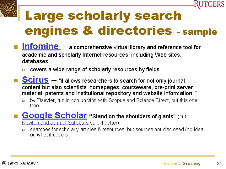 Large scholarly search engines & directories - sample n Infomine - a comprehensive virtual