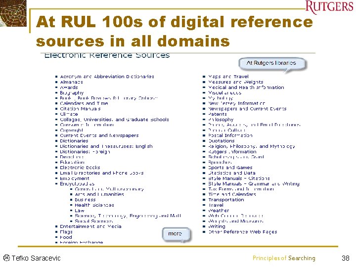At RUL 100 s of digital reference sources in all domains Tefko Saracevic Principles