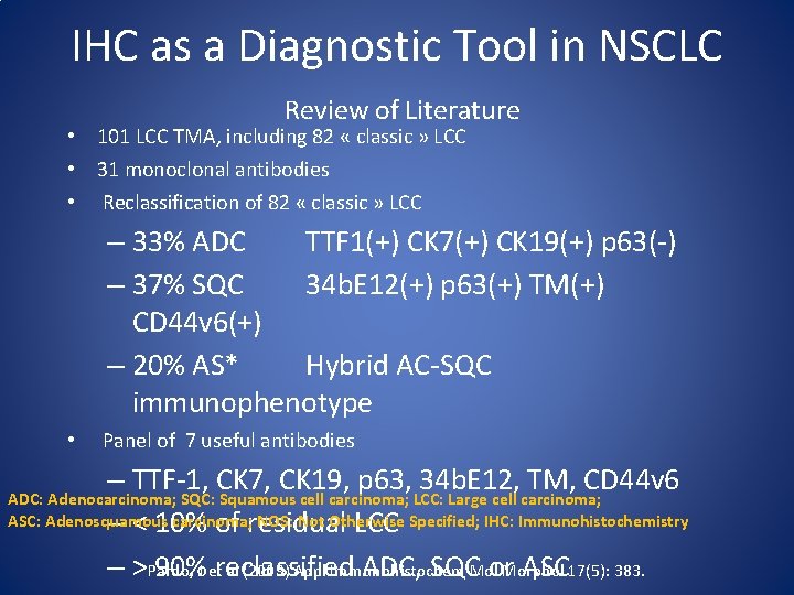 IHC as a Diagnostic Tool in NSCLC Review of Literature • 101 LCC TMA,
