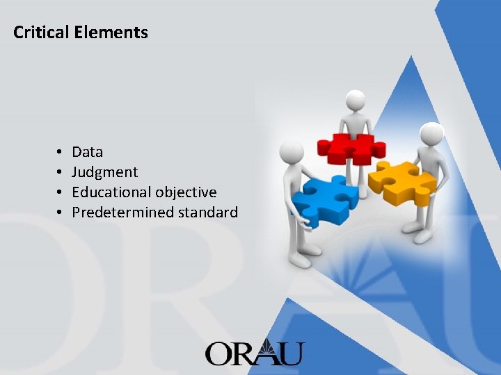 Critical Elements • • Data Judgment Educational objective Predetermined standard 