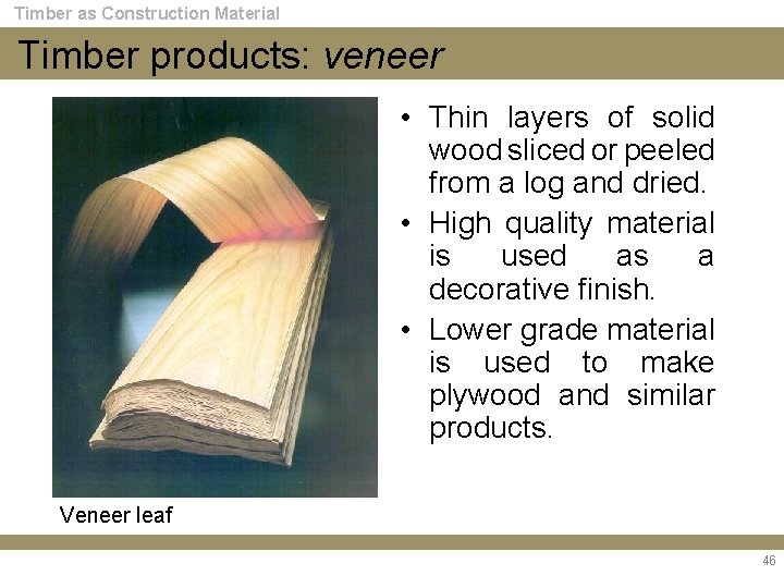 Timber as Construction Material Timber products: veneer • Thin layers of solid wood sliced