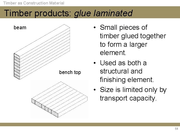 Timber as Construction Material Timber products: glue laminated beam bench top • Small pieces