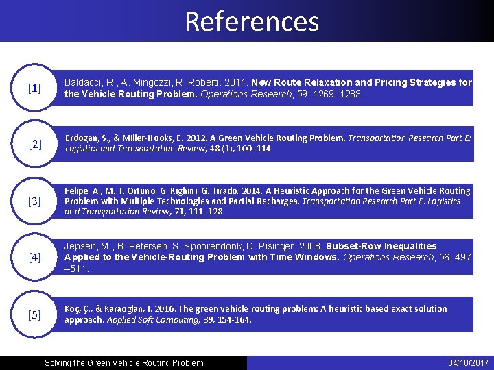 References [1] Baldacci, R. , A. Mingozzi, R. Roberti. 2011. New Route Relaxation and