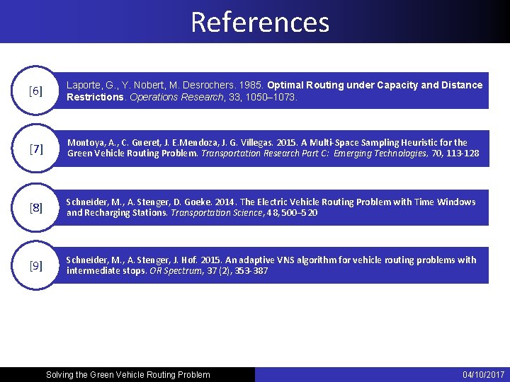 References [6] Laporte, G. , Y. Nobert, M. Desrochers. 1985. Optimal Routing under Capacity