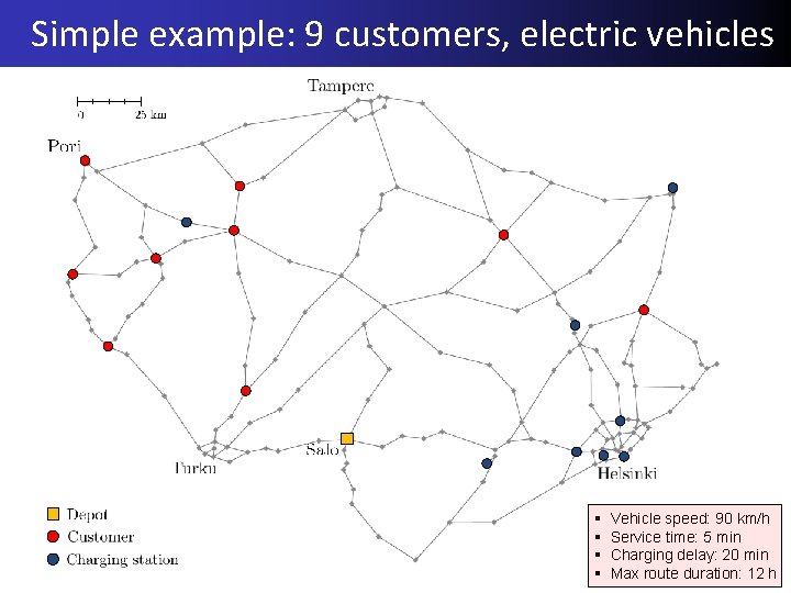 Simple example: 9 customers, electric vehicles § § Vehicle speed: 90 km/h Service time: