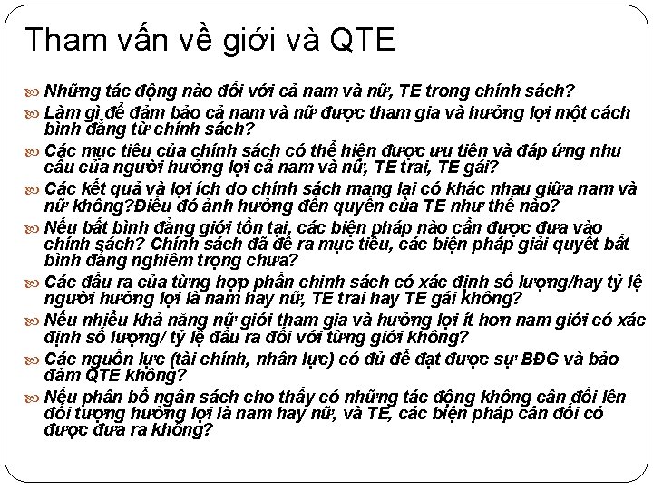 Tham vấn về giới và QTE Những tác động nào đối với cả nam