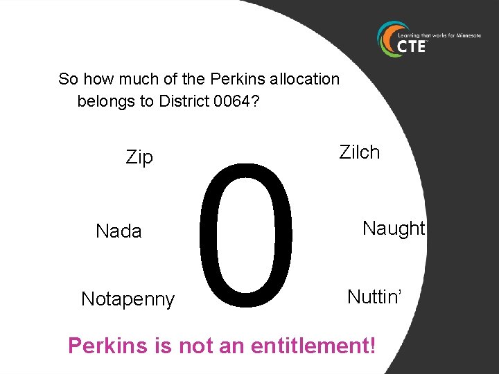 So how much of the Perkins allocation belongs to District 0064? Zip Nada Notapenny