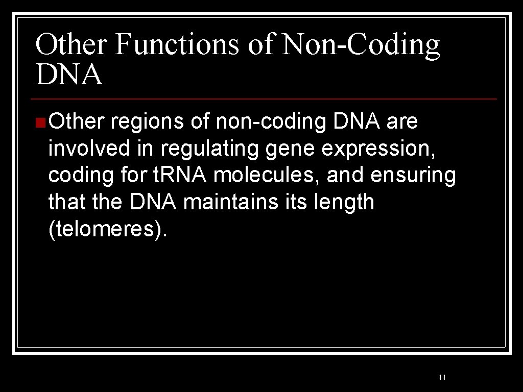 Other Functions of Non-Coding DNA n Other regions of non-coding DNA are involved in