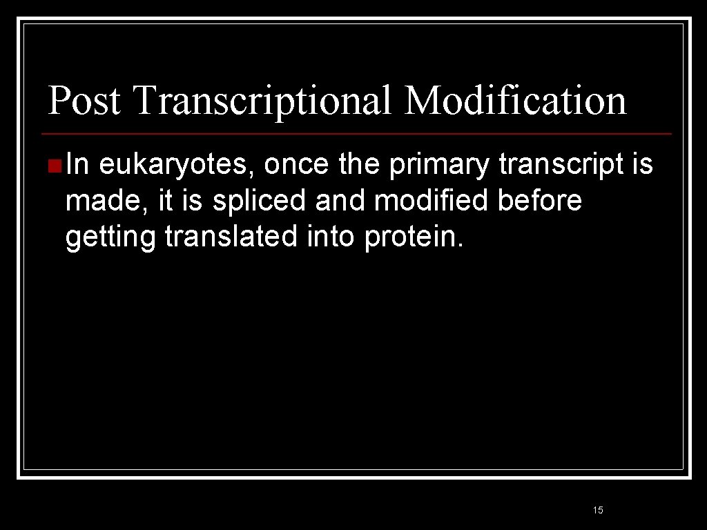 Post Transcriptional Modification n In eukaryotes, once the primary transcript is made, it is