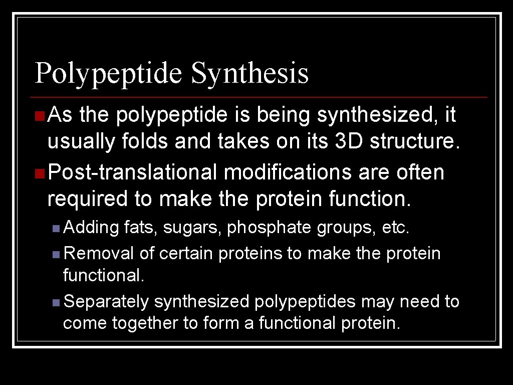 Polypeptide Synthesis n As the polypeptide is being synthesized, it usually folds and takes