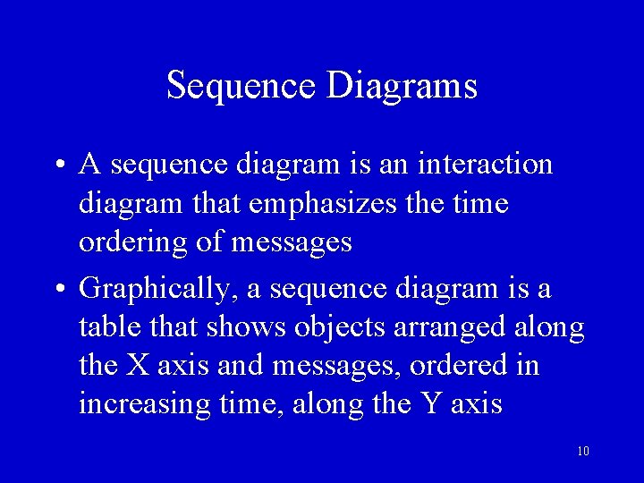 Sequence Diagrams • A sequence diagram is an interaction diagram that emphasizes the time Sequence Diagrams • A sequence diagram is an interaction diagram that emphasizes the time